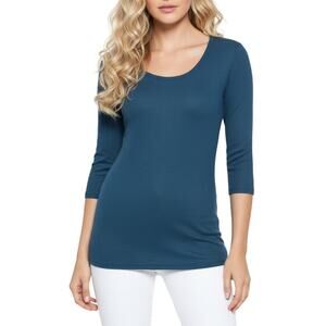 Laila Jayde Fitted Ribbed Scoop Neck 1/2 Sleeve Top Dark Denim NWT Small